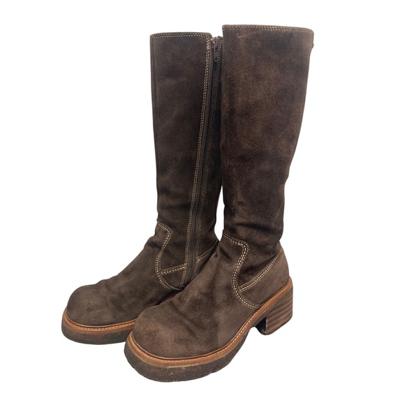 Frye Shoes - Vintage 2001 Frye Rebel Zip Platform Y2K Womens Dark Brown Suede Tall Boots 7M